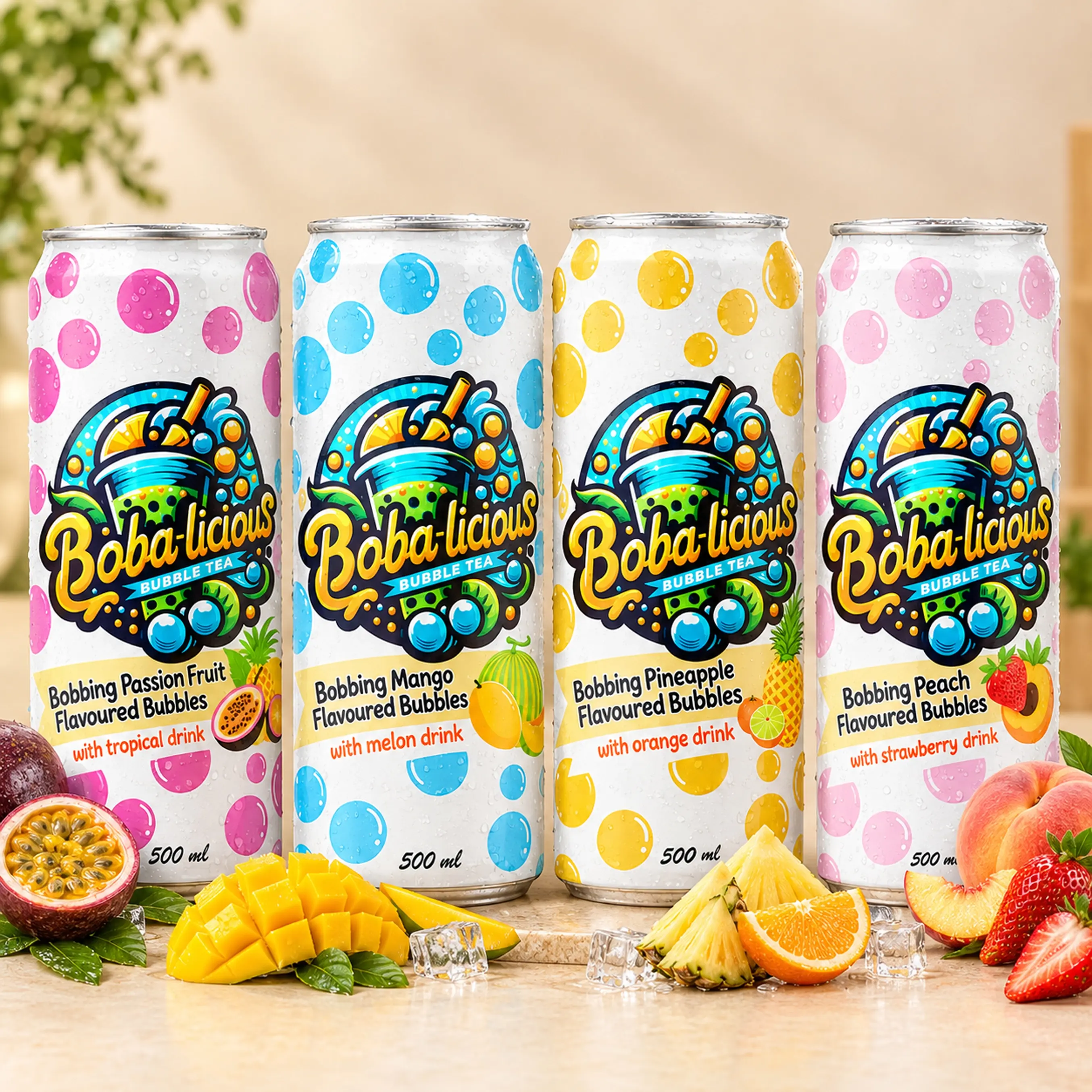 Bobalicious 500ml canned bubble tea range with pineapple, pink guava, strawberry, mango, lychee and peach flavours displayed with fresh fruits.